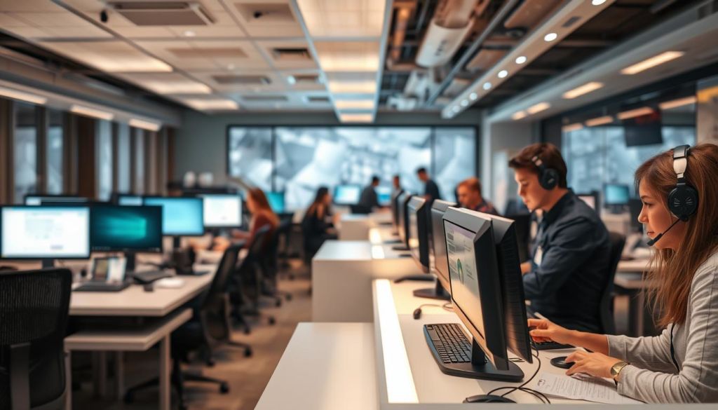 A busy office interior with a tech support desk in the foreground, staffed by a team of attentive technicians assisting customers. The desk is well-lit with a warm, inviting glow, creating a professional and approachable atmosphere. In the middle ground, various computer workstations and equipment are visible, conveying a sense of a modern, well-equipped tech support center. The background features a corporate-style backdrop, suggesting a reputable and reliable service provider. The overall scene projects an image of efficient, around-the-clock technical support, ready to address the needs of customers.