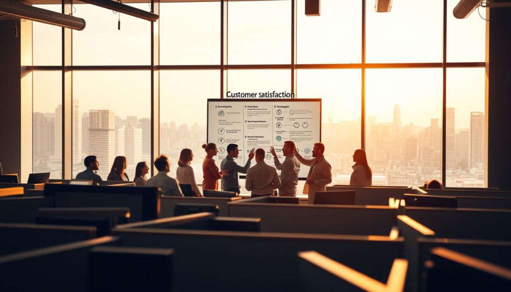 A busy office setting, with cubicles and workstations in the foreground. In the middle ground, a group of people engaged in discussion, gesturing and pointing at a large whiteboard displaying customer satisfaction metrics and strategies. The background features a panoramic view of a modern city skyline, bathed in warm, natural lighting streaming through large windows. The overall atmosphere conveys a sense of collaboration, productivity, and a focus on improving customer experience.