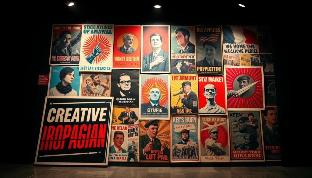 A captivating collage of creative propaganda elements, illuminated by dramatic studio lighting. In the foreground, a striking graphic design featuring bold typography, vibrant colors, and a compelling visual metaphor. In the middle ground, an array of vintage propaganda posters, each a masterclass in persuasive imagery. In the background, a kaleidoscope of propaganda techniques - from stirring slogans to powerful symbols, all culminating in a visually arresting composition that embodies the essence of effective, creative advertising.