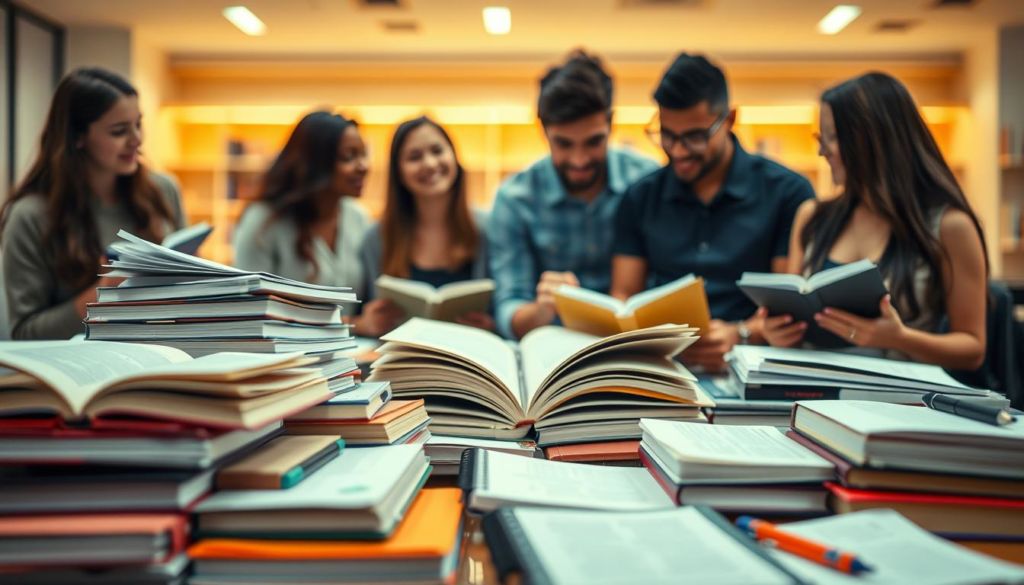 A captivating scene of educational content as a powerful marketing tool. In the foreground, an array of textbooks, notebooks, and digital devices arranged in a visually appealing composition, conveying the diverse learning materials available. The middle ground features a group of engaged students, their expressions reflecting the joy and focus of the educational experience. In the background, a softly blurred backdrop of a modern classroom or library, with warm lighting and clean, minimalist design elements. The overall image exudes a sense of professionalism, innovation, and the transformative potential of educational resources as a valuable marketing asset.