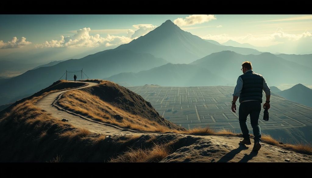 A challenging sales cycle depicted through a cinematic landscape. In the foreground, a weary salesperson navigates a winding path, facing an uphill battle. The middle ground reveals a maze of obstacles, each representing a stage in the sales process. In the background, a towering mountain range symbolizes the lofty sales goals, casting a foreboding shadow. Dramatic lighting casts long shadows, creating a sense of tension and uncertainty. The scene is captured through a wide-angle lens, emphasizing the vastness of the challenge at hand. The overall mood is one of determination and perseverance, with a hint of trepidation, reflecting the "challenging sales cycle" theme.