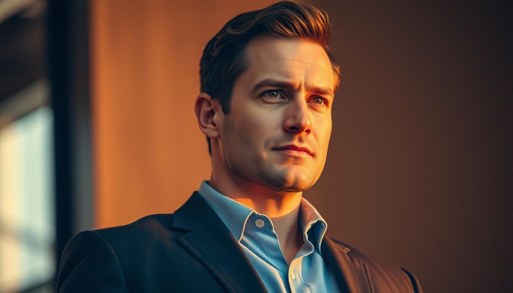 A charismatic and confident man standing tall, his gaze fixed with determination. Warm lighting illuminates his face, casting subtle shadows that accentuate his features. He wears a crisp, well-tailored suit, projecting an air of professionalism and authority. The background is slightly blurred, keeping the focus on the inspirational leader. The scene conveys a sense of clarity, purpose, and the ability to inspire others through his presence and demeanor.