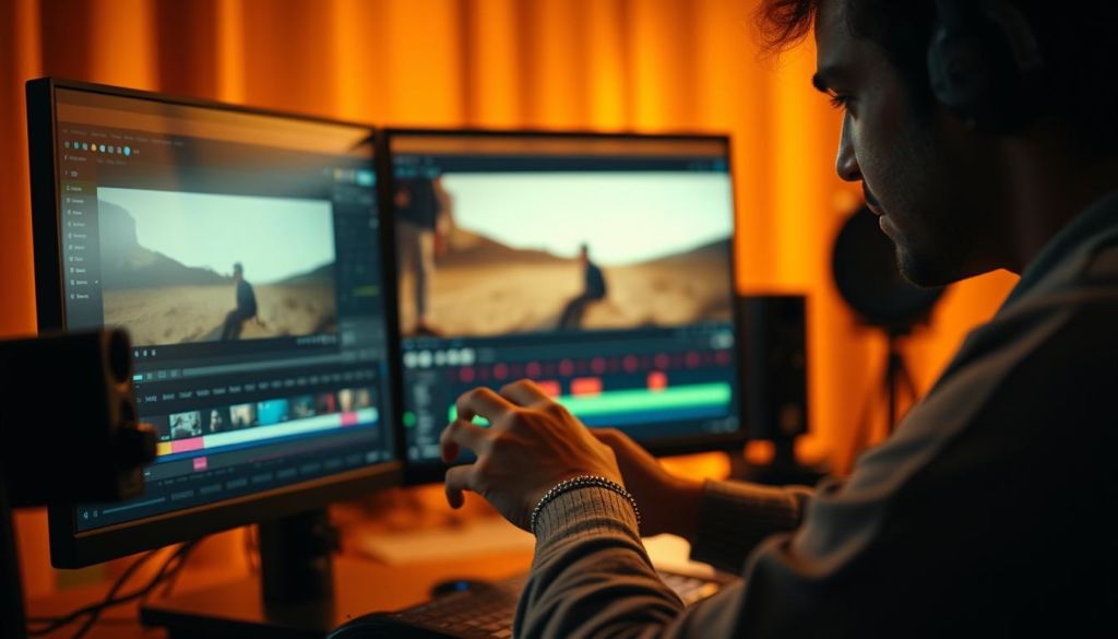 A cinematic closeup shot of a person's hands skillfully editing video footage on a professional-grade computer display. The studio-lit workstation is placed against a warm-toned, softly-blurred backdrop, creating a sense of focus and artistic precision. The operator's expression is one of deep concentration as they meticulously fine-tune the video, utilizing a range of advanced video editing tools and effects. The overall mood is one of creative flow, technical mastery, and the art of crafting compelling visual narratives.