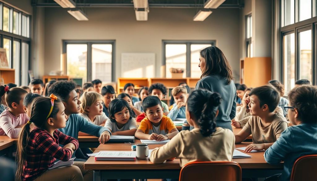 A classroom filled with students of diverse ages and backgrounds, engaged in thoughtful discussions, collaborative learning, and hands-on experiential activities. The teacher, a guiding figure, facilitates the process, encouraging a growth mindset and a passion for knowledge. Warm, natural lighting filters through large windows, creating a welcoming, inspirational atmosphere. The scene conveys the power of an education that nurtures the mind, fosters critical thinking, and empowers individuals to reach their full potential.