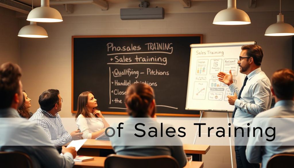 A classroom setting with a professional sales trainer standing at the front, presenting a series of visual aids on a whiteboard. Sales trainees sit attentively, taking notes. Soft, warm lighting from overhead lamps creates a focused, educational atmosphere. The trainer's body language is dynamic, hands gesturing as they explain key concepts. The trainees' expressions reflect engagement and a desire to learn. In the background, a chalkboard or corkboard displays a step-by-step outline of the "Phases of Sales Training" - prospecting, qualifying, pitching, handling objections, closing the sale. An overall sense of structured, guided learning for a sales team.