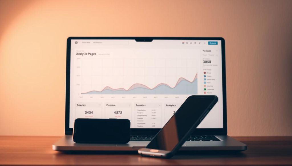 A clean, minimalist dashboard with a large analytics chart prominently displayed, showcasing key performance indicators for an optimized landing page. The chart is presented against a soft, neutral background, with subtle grid lines and data labels to provide context. In the foreground, a laptop and smartphone sit slightly angled, highlighting the responsive nature of the landing page design. Warm, indirect lighting casts a gentle glow, creating a professional, tech-savvy atmosphere. The overall composition conveys a sense of data-driven insights and effective online marketing strategies.