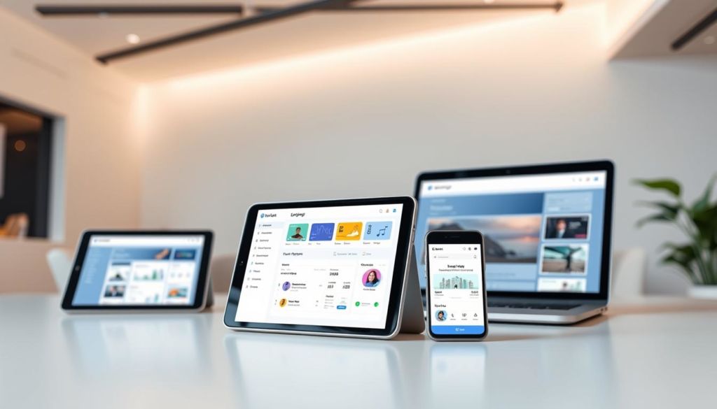 A clean, minimalist interface showcasing a customizable loyalty system. In the foreground, a sleek mobile device displays a loyalty program dashboard with dynamic tiles, charts, and user profiles. The middle ground features various digital devices - tablets, laptops, and smartphones - demonstrating the platform's responsive, cross-device compatibility. The background depicts a serene, modern office setting with neutral tones, clean lines, and subtle lighting, creating a professional, tech-forward atmosphere. The overall impression conveys a streamlined, user-friendly, and highly adaptable loyalty platform suitable for enterprise-level businesses.