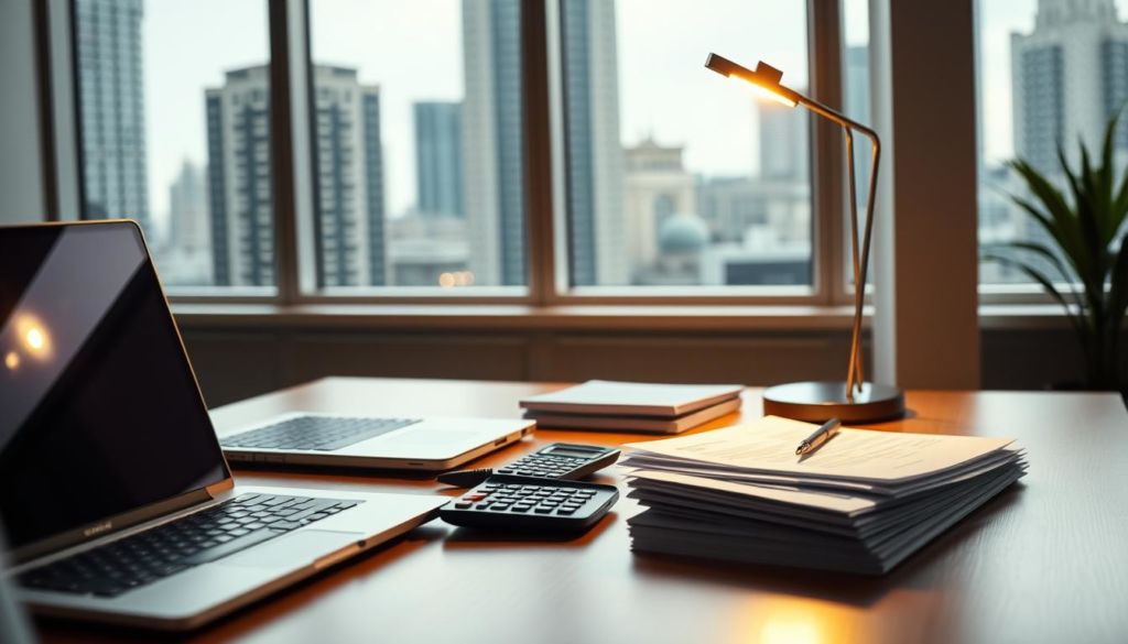 A clean, modern office setting with various financial calculation tools neatly arranged on a wooden desk. In the foreground, a laptop, calculator, and stack of documents are placed, hinting at the analytical work involved in determining break-even points. The mid-ground features a sleek, minimalist desk lamp casting a warm, focused light on the work area. In the background, a large window overlooking a cityscape provides a sense of context and professional environment. The overall atmosphere is one of focused productivity and attention to detail, conveying the importance of accurately calculating a business's break-even point.