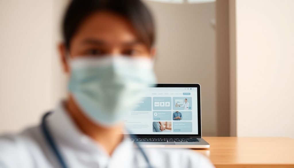 A clean, professional-looking digital presence for healthcare professionals. A minimalist layout with a warm, calming color palette. In the foreground, a healthcare worker's face, partially obscured, conveying a sense of approachability and expertise. In the middle ground, a sleek, modern laptop or tablet displaying a seamless, user-friendly interface. In the background, subtle geometric patterns or abstract shapes that evoke a sense of technology and innovation. Soft, diffused lighting illuminates the scene, creating a sense of depth and balance. The overall tone is one of trust, professionalism, and a dedication to providing high-quality digital healthcare services.