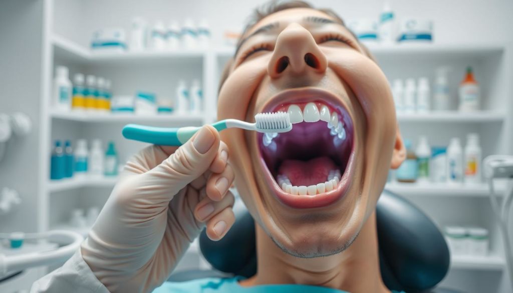 A clean, well-lit dental office setting. In the foreground, a dentist's hand holds a toothbrush, demonstrating proper brushing technique. The middle ground features a patient's open mouth, with teeth and gums clearly visible. The background showcases shelves stocked with dental hygiene products, creating a professional, educational atmosphere. Soft, diffused lighting highlights the scene, lending a sense of care and attention to detail. The overall composition conveys a step-by-step guide on the effective use of Ideal Odonto for optimal oral health.