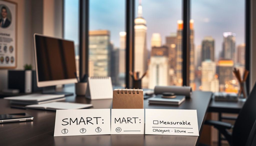 A clean, well-lit office workspace with a desk, computer, and various office supplies. In the foreground, a set of SMART goal notecards are prominently displayed, with crisp text and simple icons representing the concepts of Specific, Measurable, Achievable, Relevant, and Time-bound goals. The middle ground features a sleek, minimal calendar on the desk, subtly emphasizing the time-bound aspect. The background showcases a large window overlooking a vibrant city skyline, evoking a sense of professional accomplishment and strategic vision. Warm, directional lighting casts a focused glow on the SMART goal elements, creating a sense of clarity and focus.