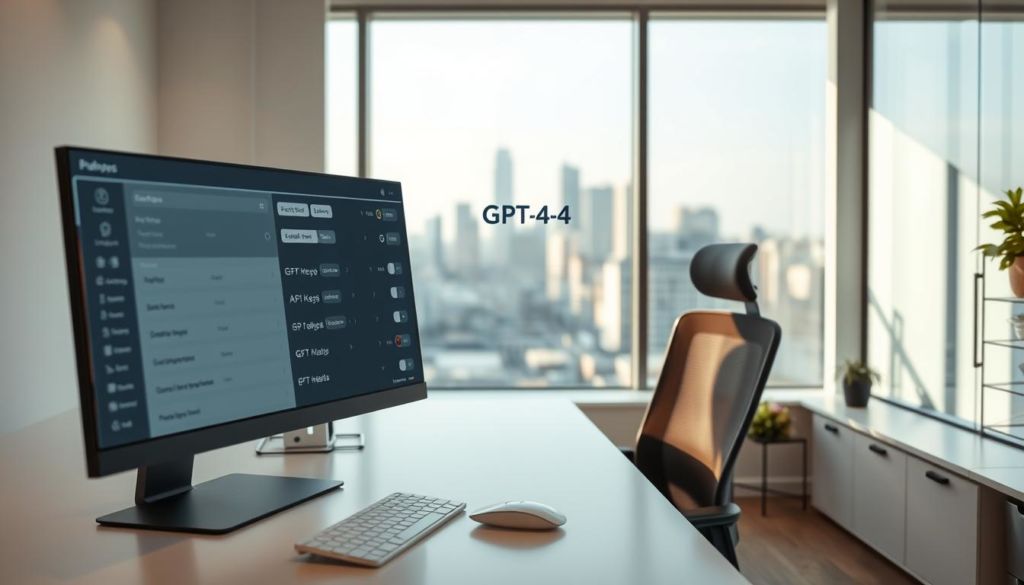 A clean, well-lit office workspace with a modern desk, ergonomic chair, and a large computer monitor displaying a graphical user interface for GPT-4 configuration settings. The foreground features various input fields, toggle switches, and dropdown menus for adjusting model parameters, API keys, and security protocols. The middle ground shows a stylized GPT-4 logo and technical diagrams detailing the language model's neural network architecture. The background depicts a softly blurred city skyline visible through large windows, conveying a sense of professionalism and technological advancement. Subtle, neutral lighting casts a warm glow over the scene, creating a calm, focused atmosphere for highly detailed software customization.