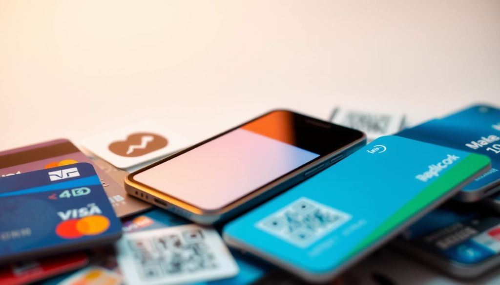 A close-up photograph of a diverse array of digital payment methods, including credit cards, mobile wallets, and QR codes, against a clean, minimalist background with soft, warm lighting. The various payment icons and symbols are prominently displayed, showcasing the technological convenience and accessibility of modern online shopping. The overall composition is sleek, modern, and visually engaging, drawing the viewer's attention to the versatility of contemporary payment options.
