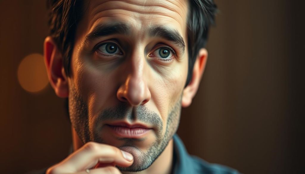 A close-up portrait of Nir Eyal, the author of the book "Hooked", shot with a high-quality DSLR camera. Eyal is depicted in a thoughtful, introspective pose, his gaze directed slightly off-camera. Soft, warm lighting illuminates his face, creating a sense of depth and dimension. The background is blurred, creating a pleasant bokeh effect that draws the viewer's attention to the subject. Eyal's expression conveys his expertise and authority on the topic of habit formation and user engagement, reflecting his credentials as a behavioral design expert and entrepreneur.