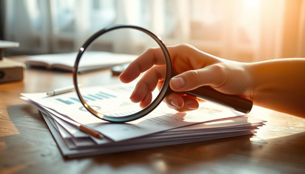 A close-up shot of a hand holding a magnifying glass, examining a stack of papers with various graphs, charts, and notes. The papers are neatly organized on a wooden desk, bathed in soft, natural lighting from a nearby window. The background is blurred, creating a sense of focus and depth. The scene conveys the idea of lead qualification, with the magnifying glass symbolizing the careful analysis and attention to detail required in the process.