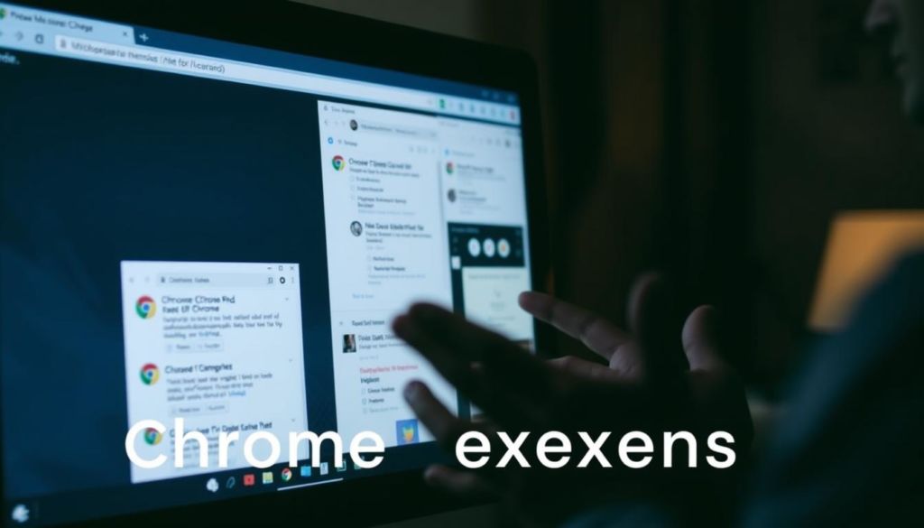 A close-up view of a computer screen displaying the Chrome browser, with multiple open tabs and windows representing various extensions or add-ons. The screen is dimly lit, creating a slightly moody atmosphere. The user's hands are visible, gesturing towards the screen, conveying a sense of concern or frustration. The background is blurred, emphasizing the focus on the screen and the user's interaction with it. The image captures the essence of troubleshooting issues with Chrome extensions, inviting the viewer to explore the solutions presented in the article.