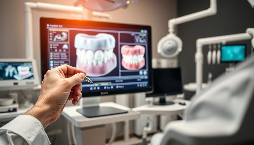 A close-up view of a dentist's workstation, featuring a sleek, state-of-the-art computer monitor displaying 3D dental imagery. In the foreground, a dentist's hand delicately manipulates a digital tool, while the background showcases an array of advanced dental equipment and instruments, bathed in a warm, inviting lighting. The scene conveys a sense of technological integration, where cutting-edge digital solutions seamlessly enhance the practice of modern dentistry, creating an atmosphere of innovation and efficiency.