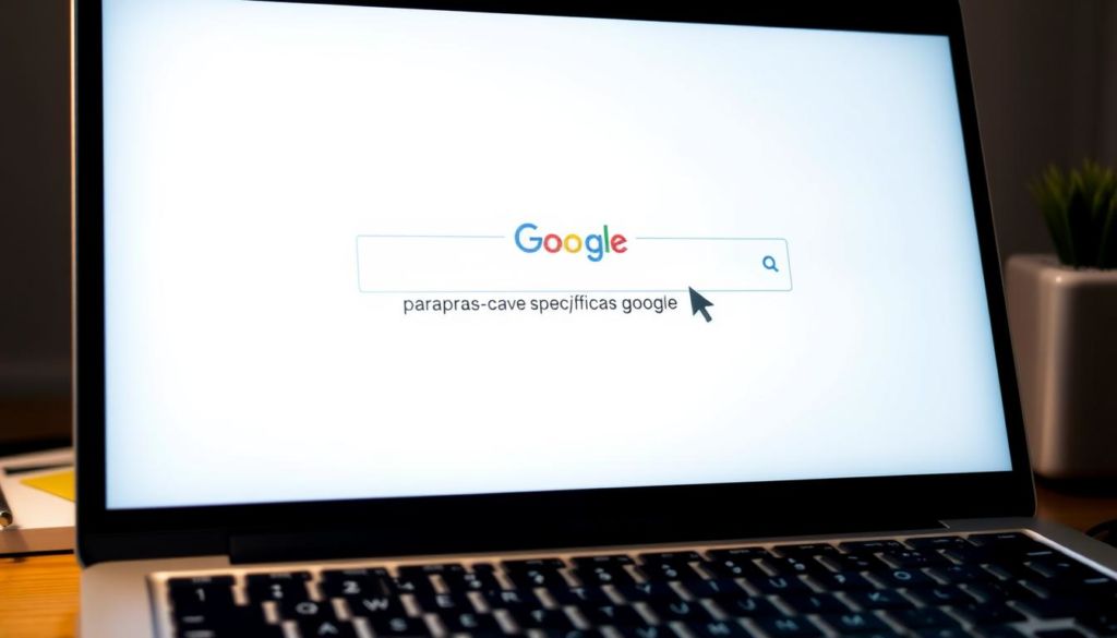 A close-up view of a laptop screen displaying the Google search bar, with the cursor hovering over "palavras-chave específicas google". The screen is brightly lit, creating a clean, modern aesthetic. The keyboard and surrounding desk area are slightly blurred in the background, drawing the viewer's focus to the search bar. The overall mood is one of focused productivity and the desire to master advanced Google search techniques.