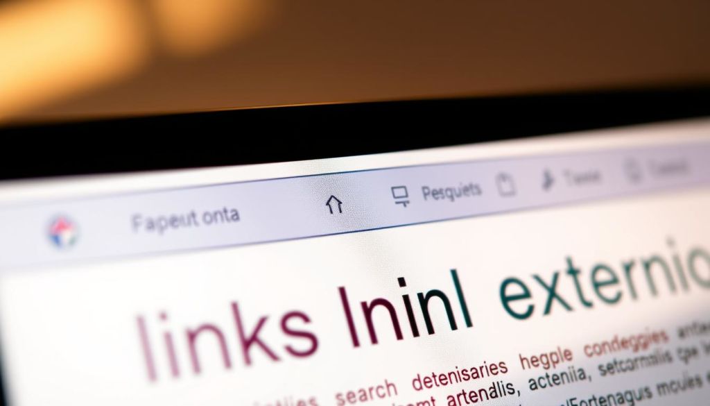 A close-up view of a webpage with a prominent external link, its anchor text "texto âncora em links externos" displayed in a bold, eye-catching font. The webpage is rendered against a soft, blurred background, creating a sense of focus on the link. The lighting is warm and natural, casting subtle shadows that add depth and dimension to the design. The overall composition conveys the importance and significance of the anchor text within the context of search engine optimization.