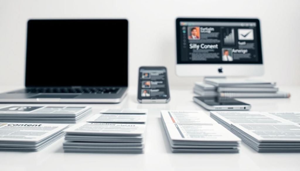 A close-up view of meticulously organized content blocks, neatly arranged on a clean, minimalist workspace. The foreground features an array of geometric shapes, lines, and patterns, symbolizing the structure and hierarchy of the content. The middle ground showcases various digital devices, such as a laptop, tablet, and smartphone, highlighting the versatility of the content delivery. The background is a soft, neutral tone, providing a calming and professional atmosphere. The lighting is natural and evenly distributed, creating a sense of clarity and focus. The overall composition conveys a sense of order, efficiency, and attention to detail, perfectly capturing the essence of "estruturação de conteúdo".