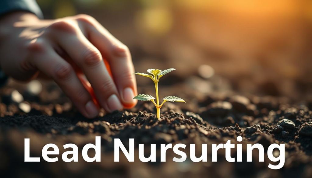 A closeup view of a person's hand carefully nurturing a small seedling, representing the concept of "lead nurturing". The seedling is thriving in a well-tended soil, symbolizing the careful attention and care given to cultivating new business opportunities. The image is captured with a shallow depth of field, keeping the focus on the delicate plant while the background is softly blurred. Warm, natural lighting illuminates the scene, creating a sense of growth and vitality. The overall mood is one of patience, diligence, and the rewarding process of guiding potential customers towards a fruitful relationship.