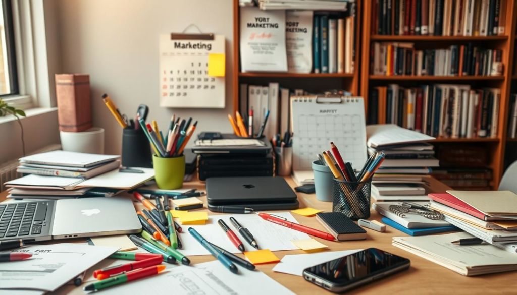 A cluttered but organized workbench, with an array of marketing tools meticulously arranged - pens, highlighters, sticky notes, a laptop, and a smartphone. Soft, warm lighting casts a cozy glow, hinting at the thoughtful process behind effective marketing strategies. In the background, a bookshelf filled with marketing tomes and a calendar showing the current month, suggesting the cyclical nature of this field. The scene conveys a sense of productivity, creativity, and the constant evolution of the marketing profession.