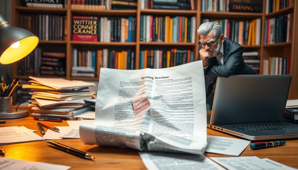 A cluttered desk with scattered papers, pens, and a laptop, illuminated by warm desk lamp lighting. In the foreground, a crumpled draft of copywriting work, signifying common writing mistakes. Perched on the edge, a furrowed-brow figure contemplates revisions, their expression conveying the challenges of effective copywriting. The background features bookshelves filled with marketing and writing resources, hinting at the continuous learning required for the craft. An atmosphere of creative tension and problem-solving pervades the scene, capturing the essence of "Erros Comuns em Copywriting".