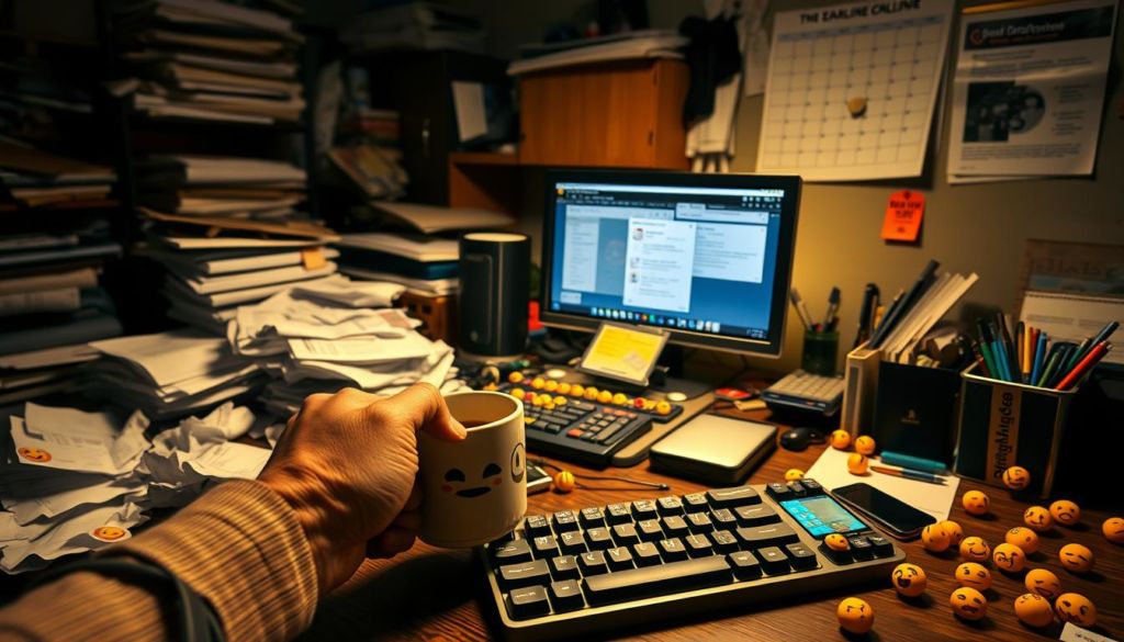 A cluttered desk with various office supplies and electronic devices, all adorned with quirky emoji stickers. In the foreground, a stressed-out worker's hand reaches for a coffee mug, surrounded by a jumble of crumpled papers, a keyboard with mismatched emoji keycaps, and a smartphone displaying a glitchy emoji notification. The middle ground features a computer monitor displaying a garbled interface, while the background showcases a dimly lit, cluttered office environment with misaligned shelves and a calendar bearing an ominous "DEADLINE" stamp. Soft, warm lighting creates a sense of frustration and overwhelm, underscoring the common errors and challenges in using emojis effectively.