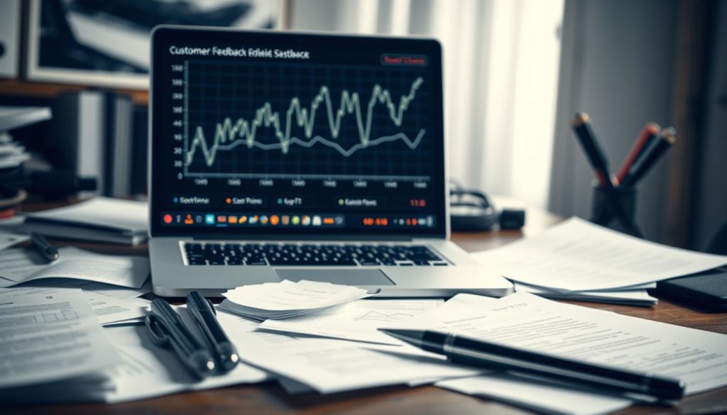 A cluttered office desk with papers, pens, and a laptop computer. On the screen, a graph showing erratic customer feedback data, with lines and numbers indicating measurement errors. The background is slightly blurred, creating a sense of focus on the problematic data visualization. The lighting is soft and diffused, creating shadows and highlights that add depth and texture to the scene. The overall mood is one of frustration and concern, highlighting the challenges of accurately measuring customer satisfaction metrics.