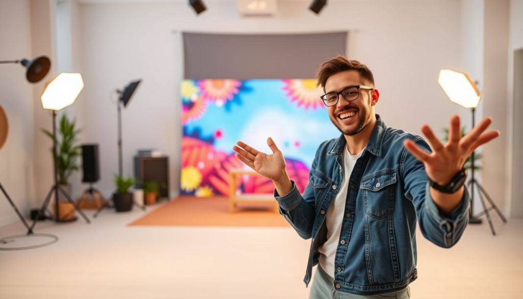 A collaborative partnership between a marketing influencer and a brand, captured in a dynamic, visually striking image. In the foreground, the influencer gestures expressively, engaging with the brand's product or service. The middle ground features a vibrant, visually compelling backdrop, hinting at the influencer's authentic connection to the brand. In the background, a clean, minimalist studio setup suggests a professional and high-quality collaboration. Warm, soft lighting casts a natural glow, creating an inviting and aspirational atmosphere. The composition emphasizes the synergy between the influencer and the brand, conveying a sense of trust, authenticity, and mutual benefit.