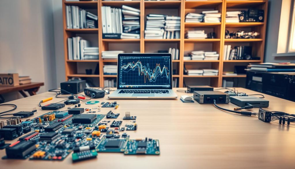 A collection of machine learning tools and equipment laid out on a clean, minimalist workspace. In the foreground, an array of colorful circuit boards, microchips, and sensors scattered across a sleek, wooden table, bathed in warm, directional lighting. In the middle ground, a laptop displaying a complex data visualization, its screen reflected in the surface of the table. In the background, shelves filled with technical manuals, programming books, and hardware components, creating a sense of a well-equipped, research-driven environment. The overall mood is one of innovation, exploration, and the pursuit of advanced data analysis and predictive modeling.