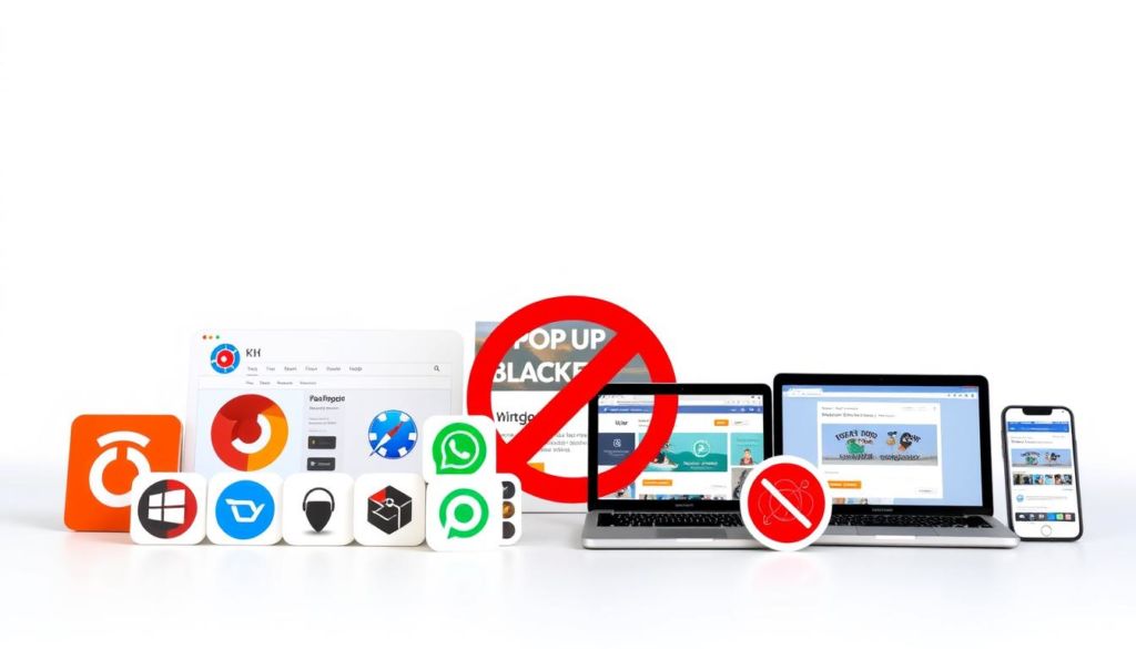 A collection of pop-up blocker tools, including a web browser extension, a desktop application, and a mobile app, displayed against a clean, minimal background. The foreground features the various icons, logos, and UI elements of the different pop-up blocking solutions, arranged in a visually appealing, symmetrical layout. The middle ground depicts the tools in use, blocking pop-ups on various digital devices. The background is a soft, neutral color that allows the tools to stand out prominently. Crisp, high-resolution imagery captured through a wide-angle lens, with even, natural lighting to showcase the details of the pop-up blocking software.