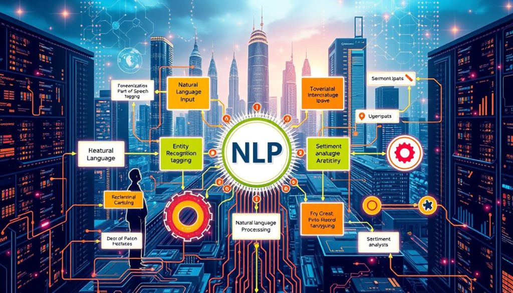A colorful, detailed diagram depicting the core components and flow of natural language processing (NLP). In the foreground, a stylized human figure interacts with a central processing hub, representing the conversion of natural language input into structured data. Surrounding this are modular elements illustrating key NLP tasks such as tokenization, part-of-speech tagging, entity recognition, and sentiment analysis. The middle ground features interconnected gears and circuits, symbolizing the underlying computational mechanisms. In the background, a futuristic cityscape with towering data centers and glowing neural networks provides an immersive, technological atmosphere. The overall image conveys the complex, multifaceted nature of natural language processing in a visually compelling manner.