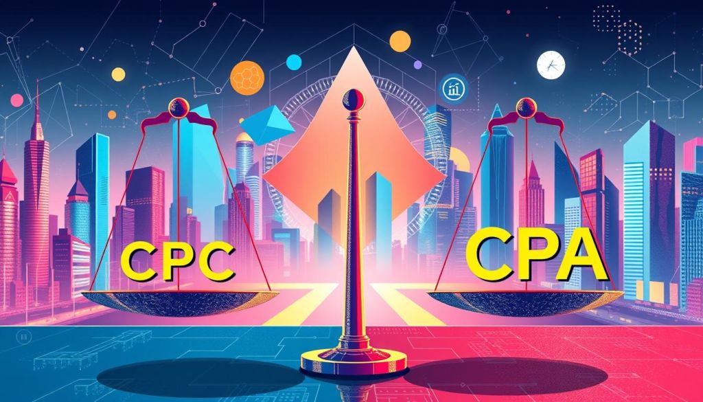 A comparison of CPC (Cost-per-Click) and CPA (Cost-per-Acquisition) models in digital marketing, depicted through a dynamic and visually engaging illustration. The foreground showcases two opposing scales, one representing CPC and the other CPA, with the scales in a state of balance, highlighting the nuanced trade-offs between the two strategies. The middle ground features geometric shapes and data visualizations, symbolizing the analytical and data-driven nature of these marketing approaches. The background is characterized by a vibrant, futuristic cityscape, evoking the fast-paced, technology-driven landscape of modern digital marketing. The overall composition conveys a sense of balance, complexity, and the need for strategic decision-making when choosing between CPC and CPA models.