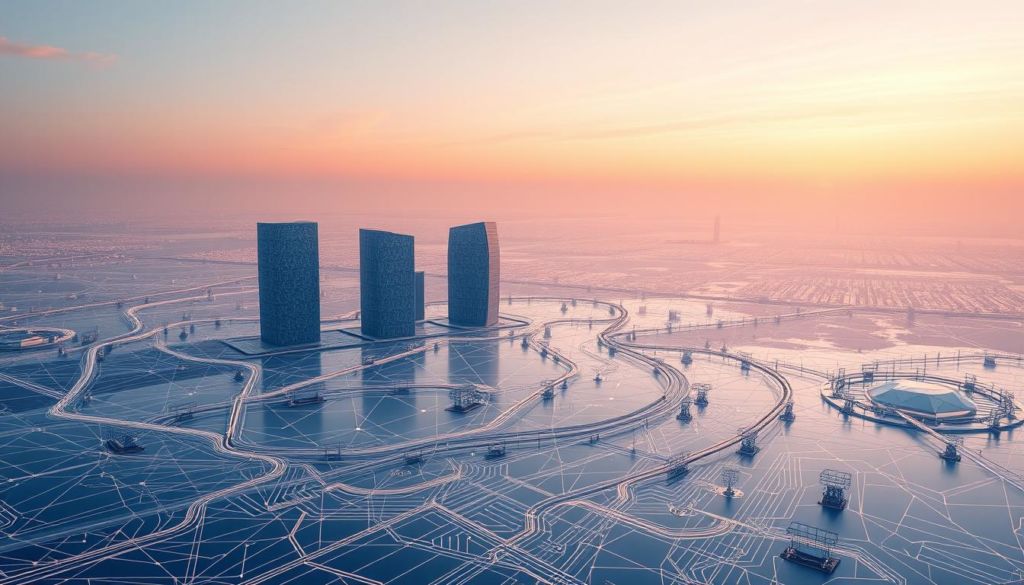 A complex data architecture, intricately woven across distinct sectors, manifesting as a dynamic panorama. In the foreground, a confluence of data pipelines, visualized as intricate circuits etched across a sleek, minimalist landscape. The middle ground features towering data repositories, their facades adorned with intricate patterns, hinting at the wealth of information they harbor. In the distance, a horizon of interconnected nodes, pulsing with the rhythmic exchange of insights, set against a softly lit sky, evoking a sense of seamless integration. The scene is bathed in a warm, contemplative glow, inviting the viewer to explore the delicate balance of technology and strategy that defines efficient data architecture.