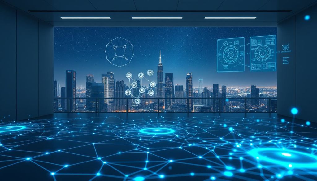 A complex data architecture unfolding in a sleek, minimalist workspace. The foreground showcases a series of interconnected data flows, represented by glowing lines and geometric shapes in a palette of blues and grays. In the middle ground, holographic displays reveal intricate data models and system diagrams, casting a soft, ambient light. The background features a panoramic view of a futuristic cityscape, with towering skyscrapers and a starry night sky, conveying a sense of scale and technological advancement. The overall mood is one of precision, innovation, and the seamless integration of data-driven systems.