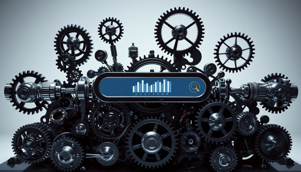 A complex, intricately geared search mechanism set against a clean, minimalist backdrop. The foreground features an array of cogs, pulleys, and levers in polished chrome, arranged in a visually striking geometric pattern. The middle ground showcases a sleek, futuristic display panel with abstract data visualizations. In the background, a softly lit, monochromatic environment creates a sense of depth and focus. Dramatic side lighting casts dramatic shadows, emphasizing the mechanical precision and technical prowess of the search algorithm. The overall mood is one of efficiency, innovation, and the seamless integration of technology.