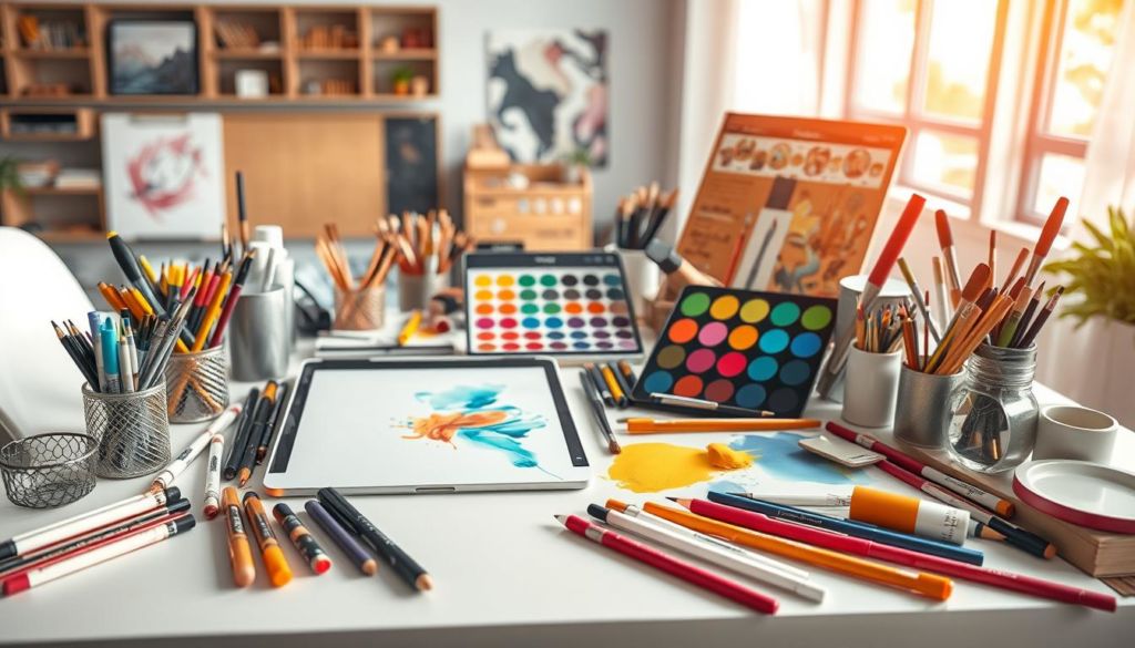 A comprehensive and visually engaging array of creative tools arranged on a simple, minimalist table surface. Precisely rendered in high detail, the foreground features an assortment of design instruments including markers, pencils, sketchbooks, and digital drawing tablets. The middle ground showcases vibrant paints, brushes, and palettes, while the background subtly hints at a bright, airy studio space with soft, natural lighting filtering in through large windows. The overall composition conveys a sense of creativity, innovation, and the boundless potential of the tools at hand.