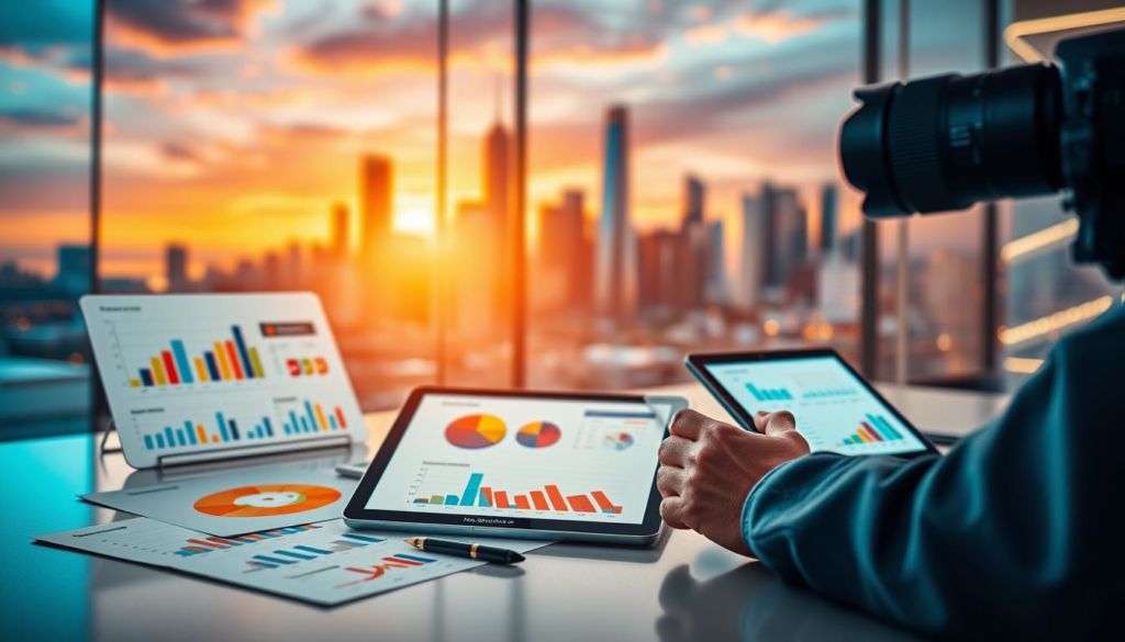 A comprehensive visual representation of key performance indicators in holistic marketing, captured through the lens of a professional DSLR camera. The foreground features a collection of data visualizations, including colorful graphs, charts, and infographics, neatly arranged on a sleek, modern desk. The middle ground showcases various digital devices, such as a tablet and a smartphone, displaying relevant marketing analytics. In the background, a blurred city skyline with towering skyscrapers and a vibrant sunset creates a sense of dynamic energy and the global reach of holistic marketing strategies. Bright, warm lighting illuminates the scene, conveying a mood of insightful clarity and strategic focus.