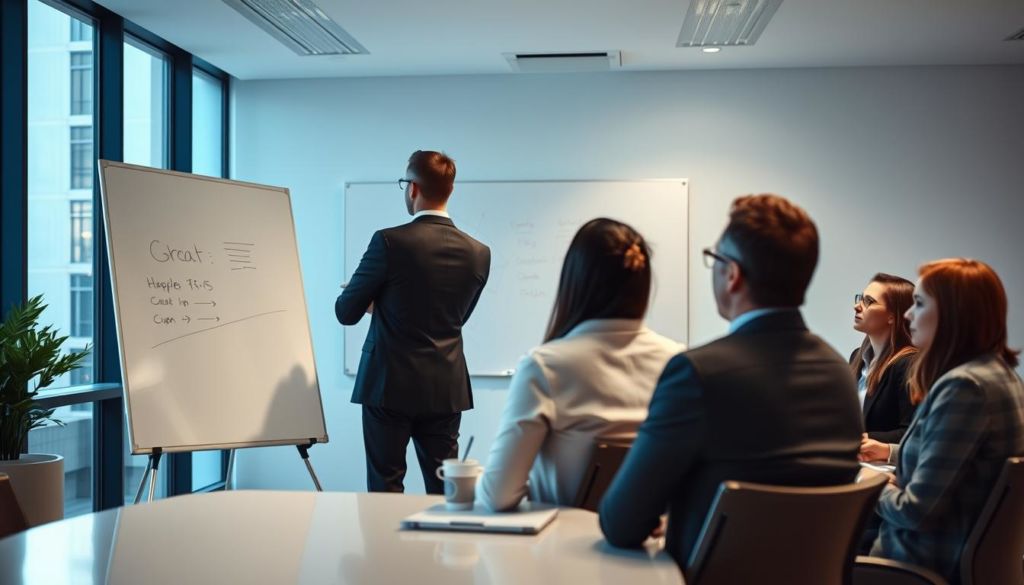 A conference room with a large whiteboard, where a sales presentation is taking place. In the foreground, a salesperson stands confidently, gesturing towards the board. The middle ground features a group of attentive clients, taking notes and engaged in discussion. The background showcases a minimalist office setting, with large windows allowing natural light to pour in, creating a professional and modern atmosphere. The lighting is soft and directional, highlighting the salesperson's presence and the clients' expressions. The overall scene conveys a sense of collaboration, active listening, and a successful sales process unfolding.