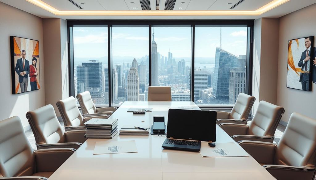 A conference room with a sleek, modern design. A negotiation table is the focal point, surrounded by comfortable chairs. The lighting is bright and natural, creating a sense of openness and transparency. On the table, there are stacks of documents, a laptop, and a calculator, suggesting an active discussion. The walls are adorned with abstract art pieces, adding a touch of sophistication. In the background, a large window offers a panoramic view of a bustling cityscape, emphasizing the high-stakes nature of the negotiations. The overall atmosphere conveys a sense of professionalism, collaboration, and strategic thinking.