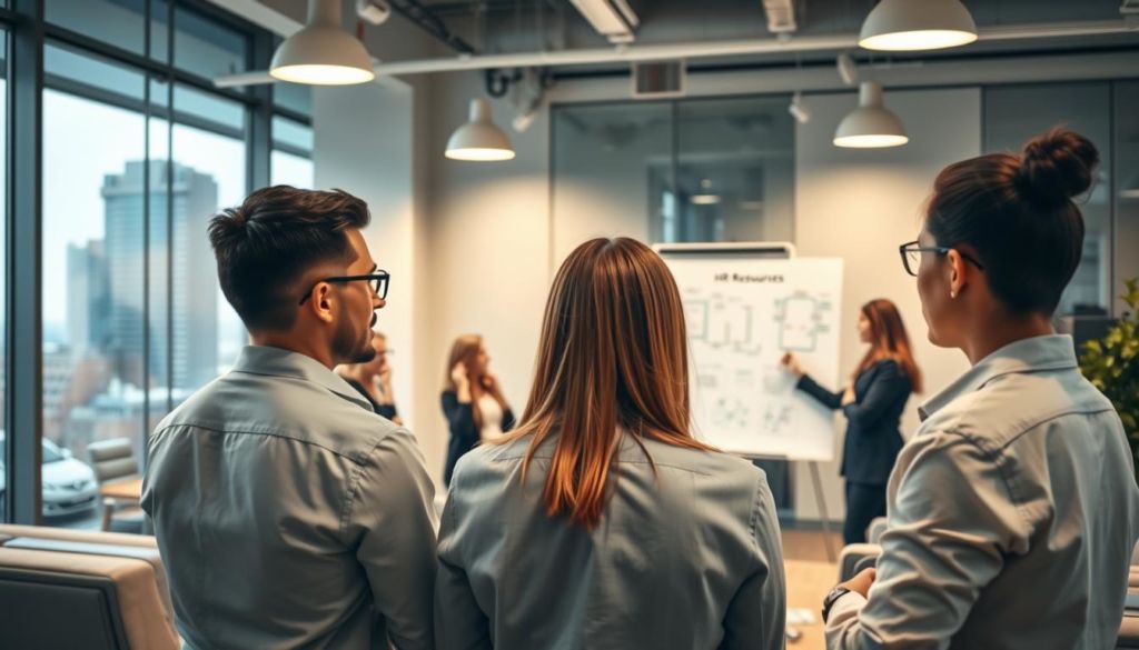 A corporate office interior with a focus on human resources. In the foreground, a group of professionals engaged in a training session, their expressions attentive and engaged. The middle ground features a whiteboard with diagrams and notes, highlighting the importance of HR consulting and employee development. The background showcases the modern, well-lit office space, with sleek furniture and large windows overlooking a bustling cityscape. The overall atmosphere conveys a sense of productivity, collaboration, and the vital role HR consultancy plays in shaping a company's success. Soft, warm lighting casts a professional yet approachable ambiance.