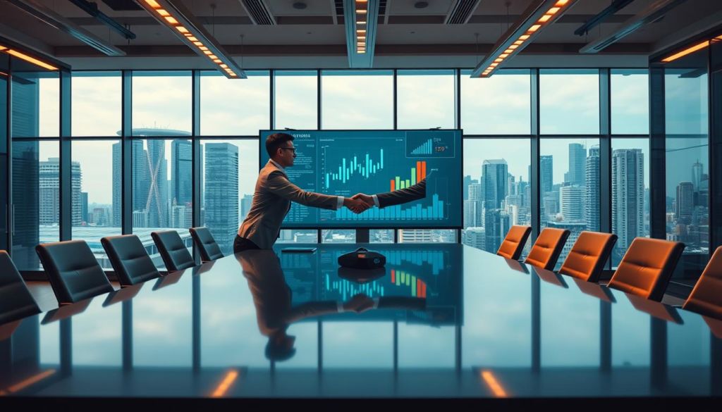 A corporate office interior with a large conference table, comfortable chairs, and modern lighting fixtures. In the foreground, two businesspeople are shaking hands, signifying a partnership agreement. The middle ground features a large screen displaying analytics and data visualizations, symbolizing the data-driven nature of the partnership. The background showcases the city skyline through floor-to-ceiling windows, evoking a sense of scale and global connectivity. The scene is illuminated by a warm, focused lighting scheme that creates a professional yet inviting atmosphere, reflecting the nature of the "Reavaliação das Parcerias com Anunciantes" subject.