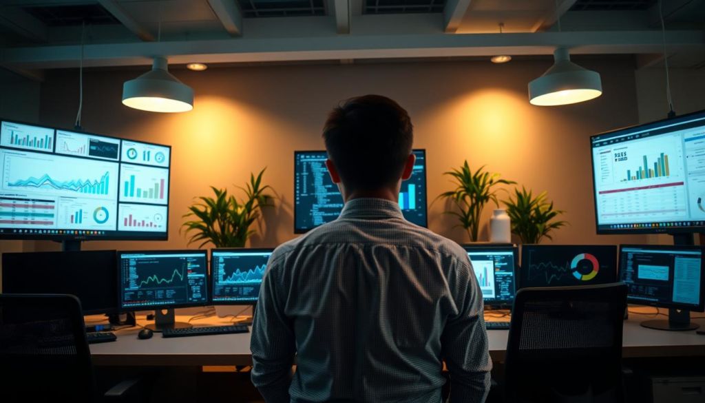 A corporate office workspace with a large desk displaying multiple digital reports and analytics dashboards showcased on high-resolution computer screens. The scene is illuminated by a warm, focused light from overhead lamps, creating a professional and productive atmosphere. In the middle ground, a person wearing a button-down shirt and tie is reviewing the data, their face partially obscured. The background features a neutral-toned wall with minimalist decor, emphasizing the centrality of the analytical information. The overall composition conveys a sense of data-driven decision-making and insights within a Customer Data Platform environment.