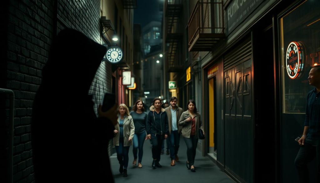 A covert advertising scene unfolds in a dimly lit urban alley. In the foreground, a shadowy figure discreetly places a product placement within the frame of a candid street photograph. In the middle ground, a group of unsuspecting passersby casually stroll by, unaware of the hidden marketing tactic. The background is filled with the gritty details of the city - weathered brick walls, rusting fire escapes, and the faint glow of neon signs. The overall mood is one of subtle manipulation, where the line between art and commerce is blurred. Low-key lighting casts dramatic shadows, creating an atmosphere of secrecy and subversion. A wide-angle lens captures the full scope of this clandestine advertising scenario.