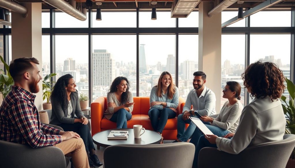 A cozy and inviting coworking space, filled with natural light and warm tones. In the foreground, a group of diverse professionals engaged in a lively discussion, their faces expressing trust and camaraderie. The middle ground showcases modern, ergonomic furniture arranged in a collaborative layout, encouraging open communication and idea-sharing. In the background, large windows overlook a vibrant cityscape, blending the energy of the urban environment with the tranquility of the shared workspace. The overall scene conveys a sense of community, professionalism, and a nurturing environment for building trust and fostering creative collaboration.