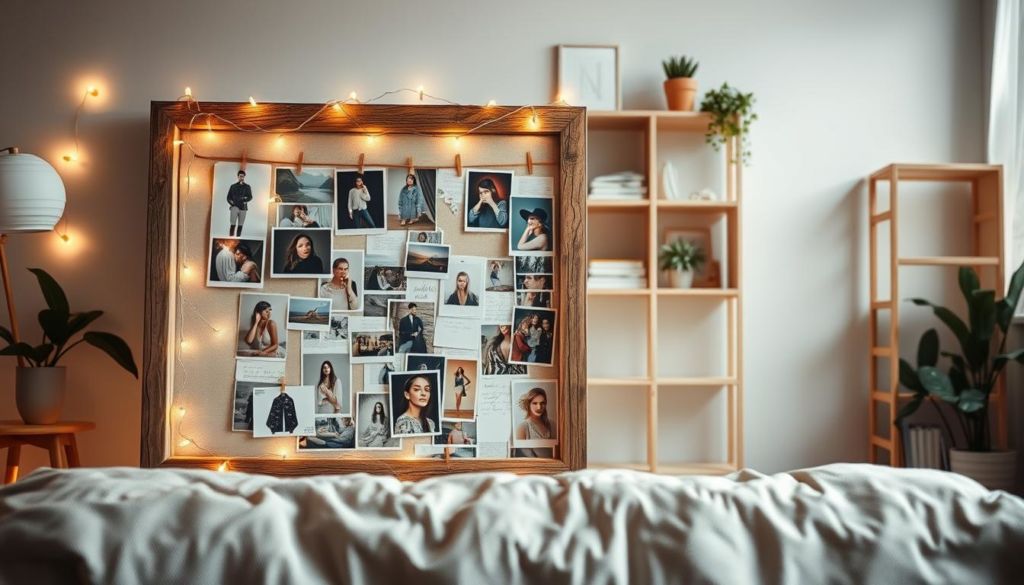 A cozy and inviting visual inspiration board, showcasing a meticulously curated collection of fashion, design, and lifestyle images. The foreground features a rustic wooden frame adorned with delicate fairy lights, casting a warm, ambient glow. Within the frame, an artful arrangement of clippings, polaroids, and handwritten notes create a dynamic and visually striking collage. The middle ground presents a soft, neutral-toned backdrop, allowing the vibrant colors and textures of the inspiration board to take center stage. In the background, a minimalist bookshelf and potted plants add a touch of natural elegance, contributing to the overall serene and harmonious atmosphere. The lighting is soft and diffused, creating a dreamy, aspirational feel that perfectly encapsulates the essence of Pinterest's visual inspiration.