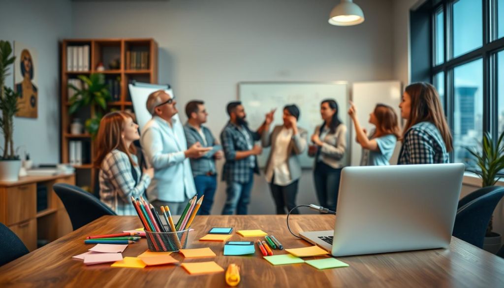 A cozy and well-lit office scene, with a wooden desk in the foreground featuring a variety of colorful sticky notes, colored pens, and a laptop computer. In the middle ground, a group of diverse office workers engaged in a dynamic discussion, gesturing animatedly and pointing at a whiteboard on the wall. The background showcases a bookshelf, a window with a cityscape view, and a potted plant, creating a warm and productive atmosphere. The lighting is soft and natural, emanating a sense of focus and collaboration. The overall composition highlights the process of selecting the ideal team-building activity or "dynamic" to motivate and engage the employees.
