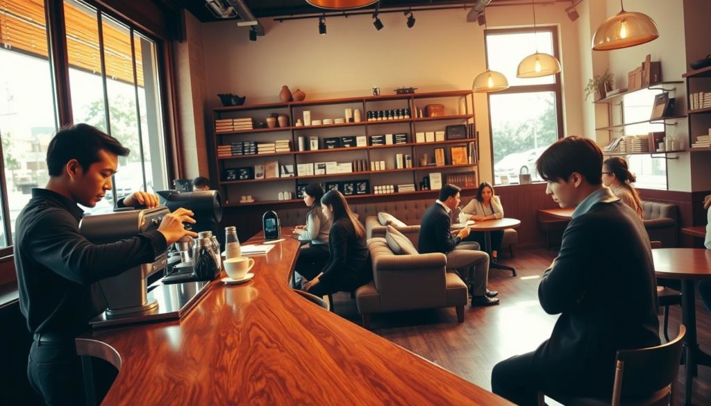 A cozy café interior, bathed in warm, natural lighting filtering through large, inviting windows. In the foreground, a barista carefully crafts a latte, their skilled movements capturing the attention of a customer seated at a sleek, wooden counter. The middle ground features plush seating arrangements, where patrons engage in lively conversation or quietly enjoy their beverages. In the background, shelves display an assortment of artisanal pastries and carefully curated merchandise, creating a sense of discovery and exploration. The overall atmosphere emanates a blend of comfort, quality, and attention to detail, perfectly capturing the essence of a memorable customer experience.