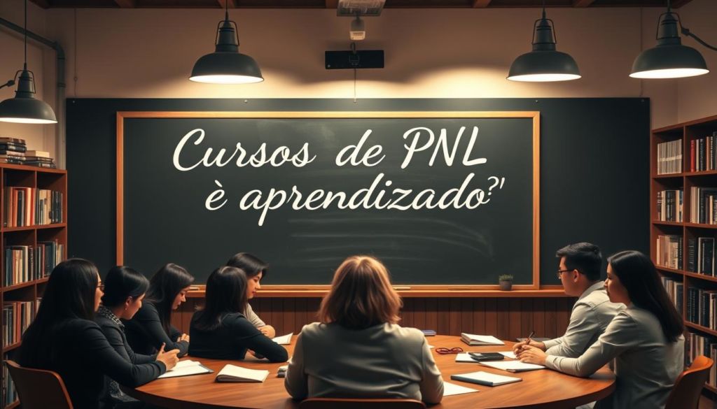 A cozy classroom setting with a chalkboard prominently featuring the words "Cursos de PNL e Aprendizado" written in elegant cursive. The foreground features a group of students sitting around a circular table, engaged in lively discussion and taking notes. Warm lighting from overhead lamps casts a soft glow, creating an atmosphere of thoughtful contemplation. In the background, shelves filled with books on psychology, self-improvement, and personal development line the walls, hinting at the depth of knowledge available. The overall scene conveys a sense of intellectual stimulation and personal growth, perfectly capturing the essence of the "Como Aprender PNL?" section.